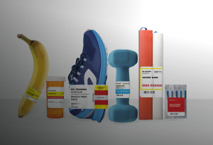 banana, pill bottle, shoe, weight, books, pens